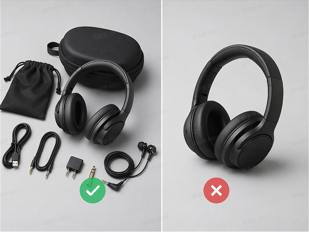 Package contents: headphones with all included accessories compared with headphones alone