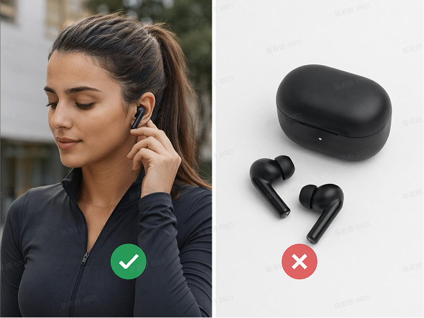 Usage scenarios: earbuds in use outdoors compared with a product-only image