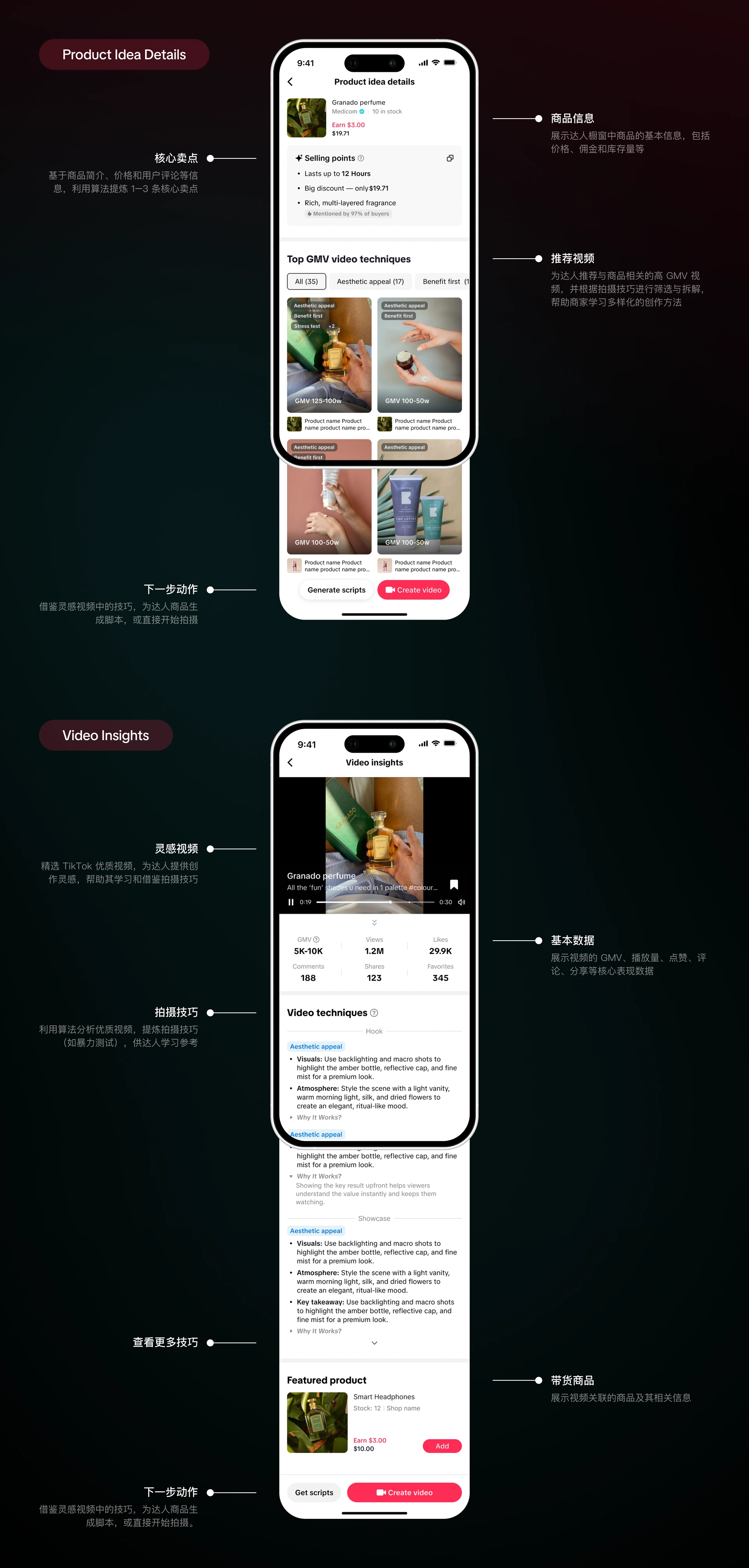 拍摄指南设计：商品卖点详情、灵感视频推荐，以及 Video Insights 中的拍摄技巧拆解