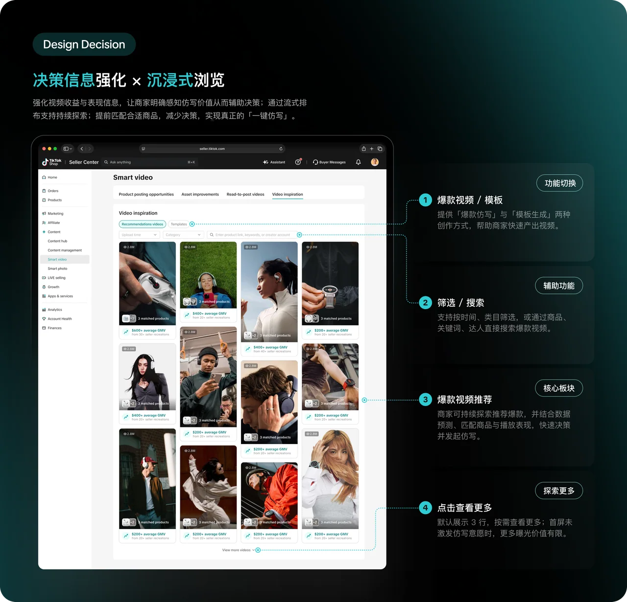 最终设计:强化收益信息与沉浸式浏览,通过爆款视频与模板、筛选搜索、视频推荐和查看更多,辅助商家完成仿写决策